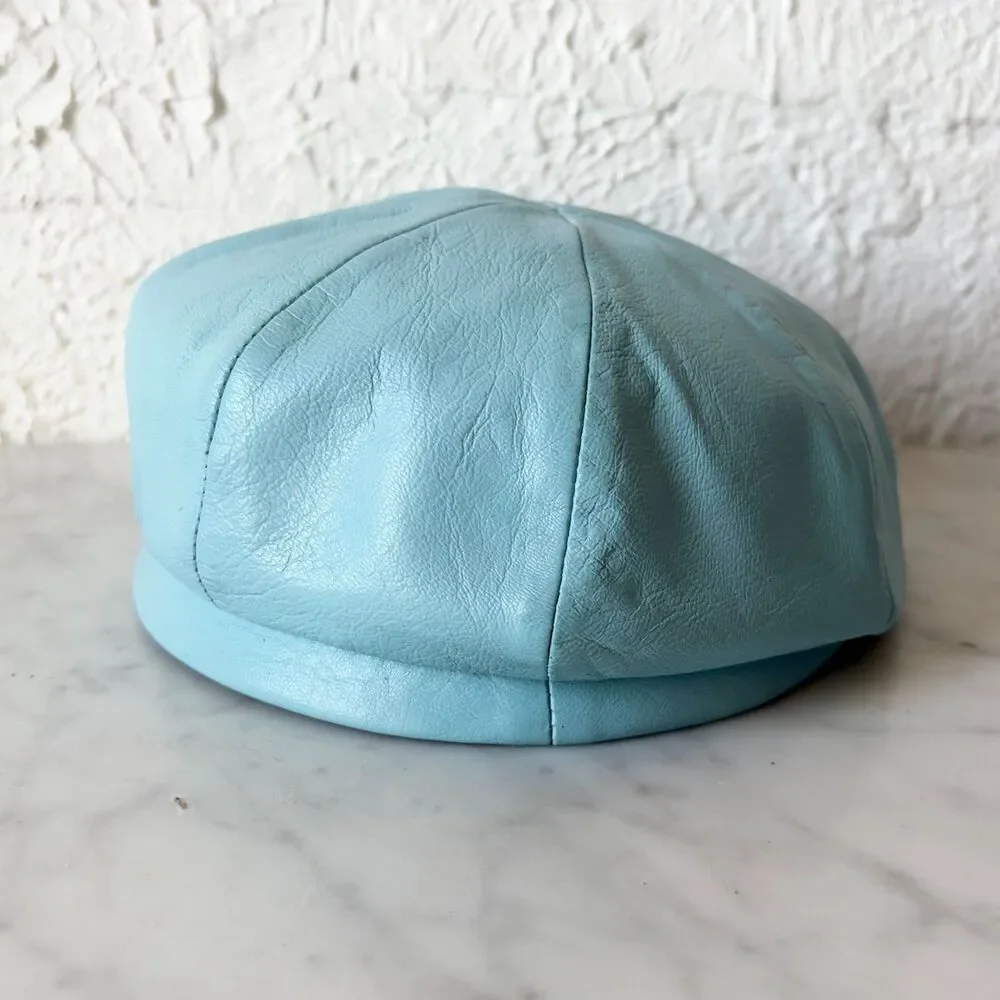 Vintage Blue Leather Newsboy Cap Beret Mod Hat Sanlea Hats New York